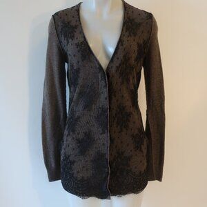 Womens Zhor & Nema Paris Taupe Black V-Neck Wool Cashmere Lace Cardigan M